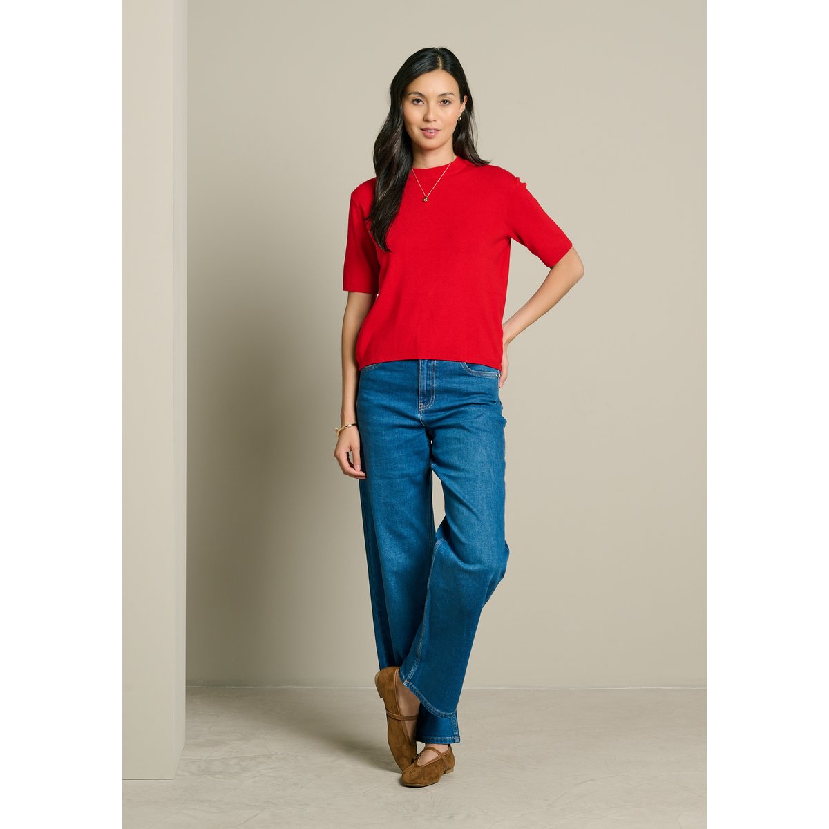 Pull manches courtes col rond rouge, LOLALIZA