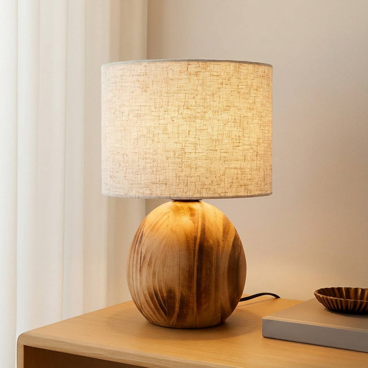 Lampe à poser en bois scandinave, Mayumi bois clair, gris clair, LINDBY