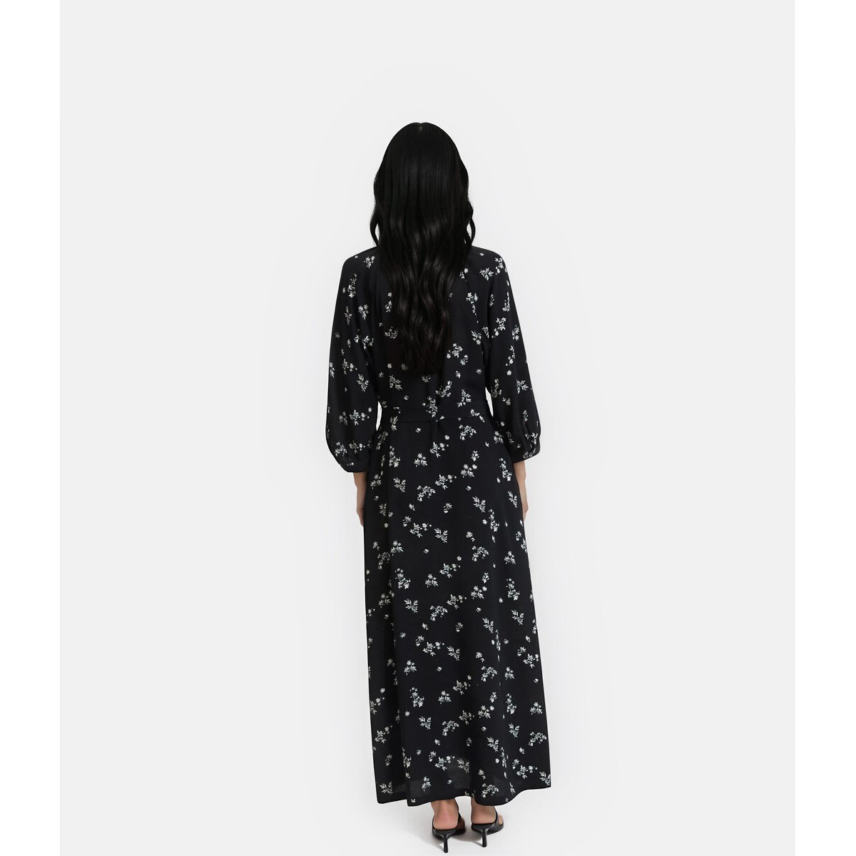 Robe évasée, imprimé floral, longue, manches 3/4 imprimé fond noir, LA REDOUTE COLLECTIONS