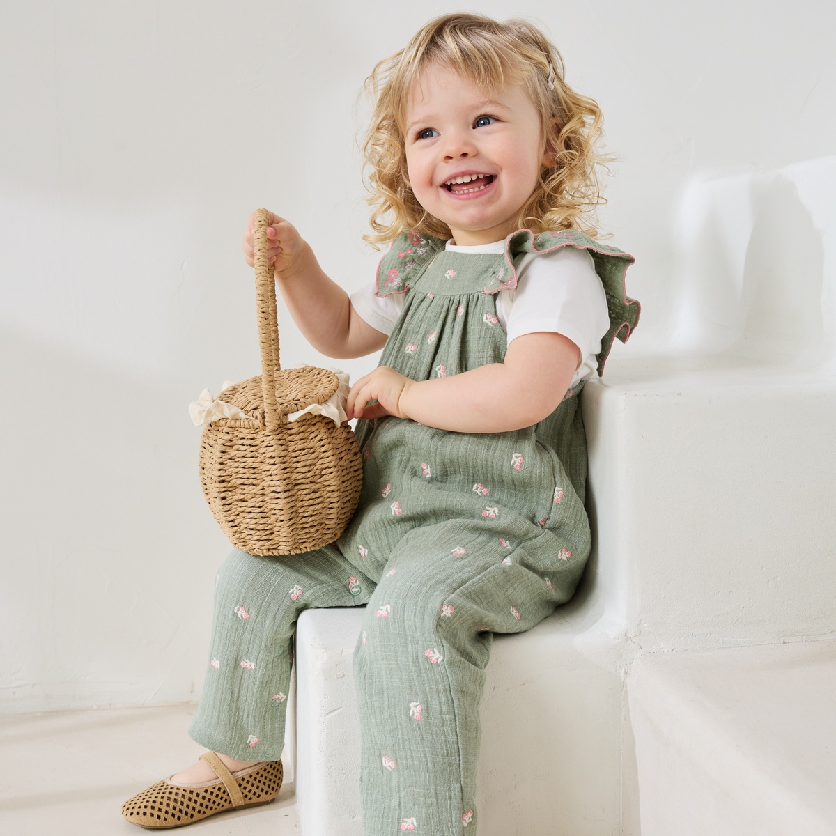 Ensemble salopette bébé en gaze de coton et t-shirt Anaelle kaki, PETIT BEGUIN