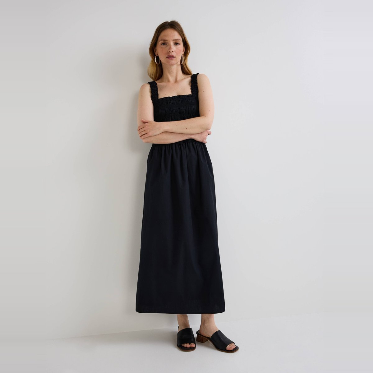 Robe midi smockée en coton BIO GOTS noir, MONOPRIX