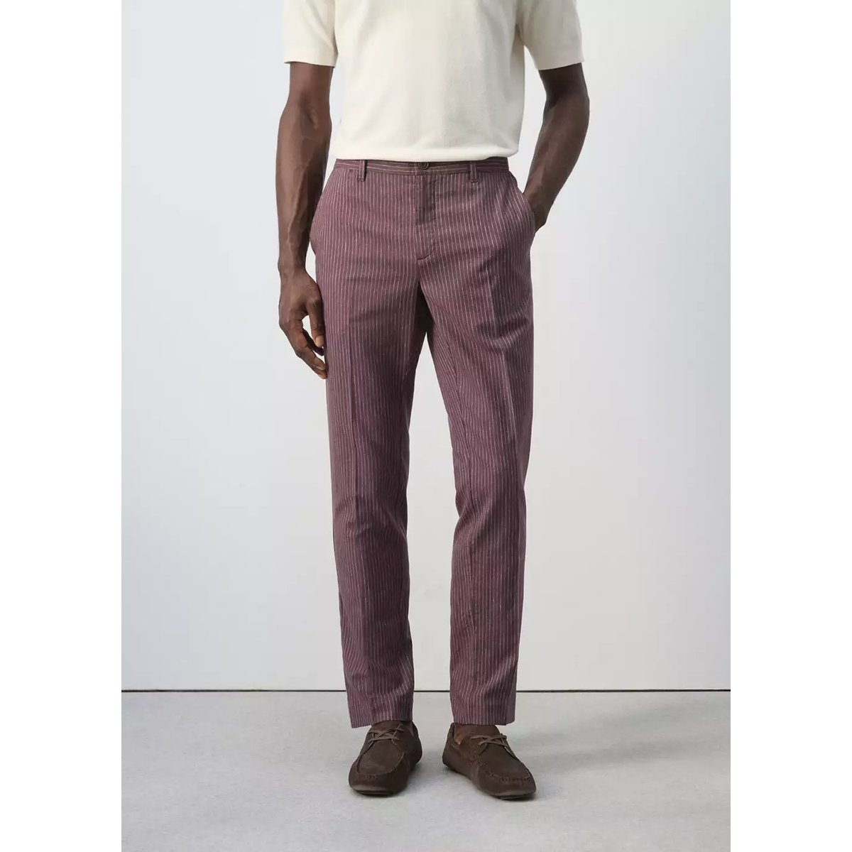 Pantalon lin et coton slim-fit à rayures prune, MANGO MAN