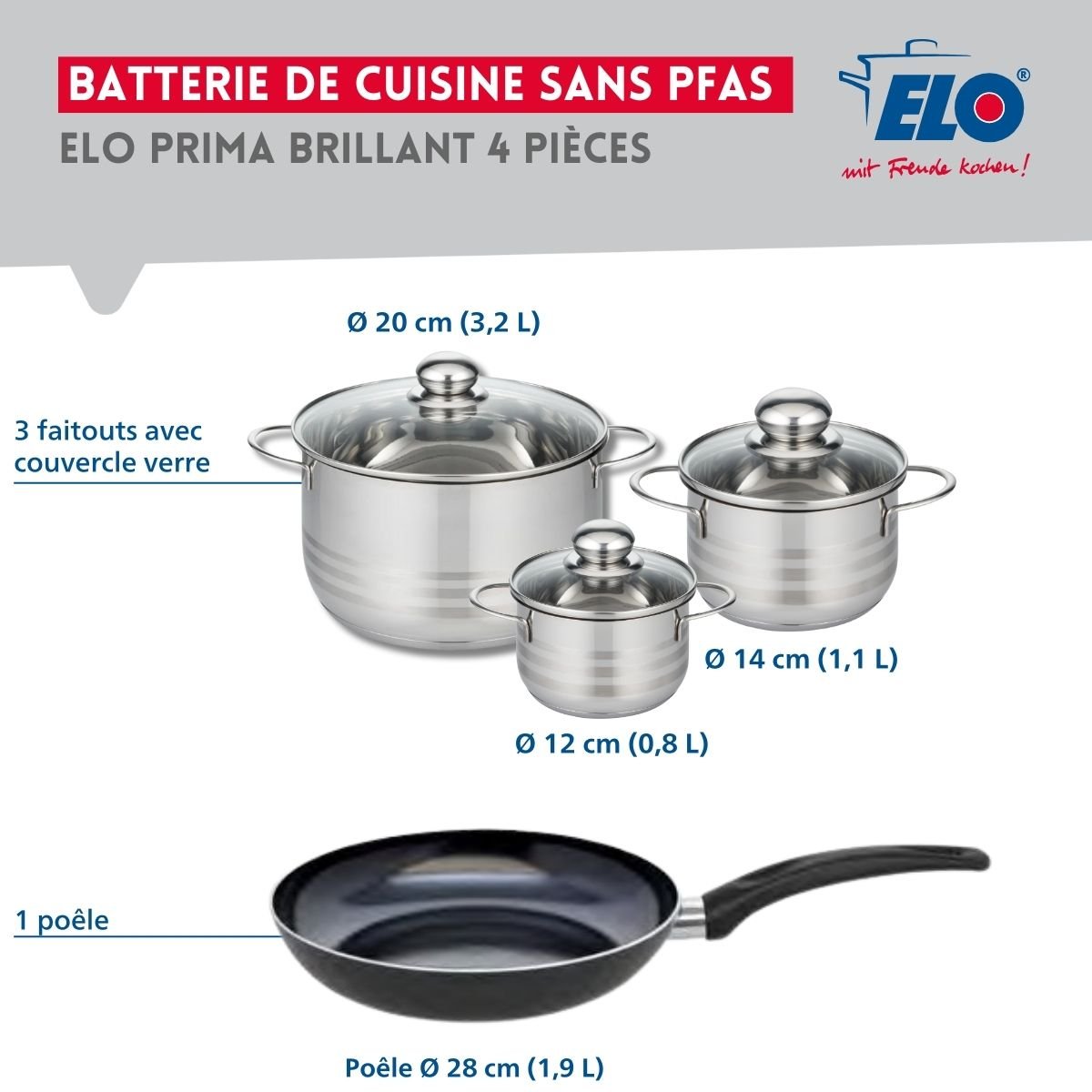Batterie 1 poêle 28cm + 3 faitouts 12/14/20cm PRIMA BRILLANT noir, ELO