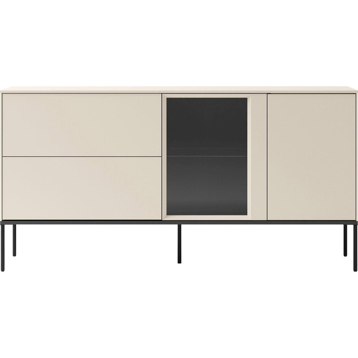 Buffet bas bois collection BELLEZO vitrine LED crème mat et noir, RECOLLECTION