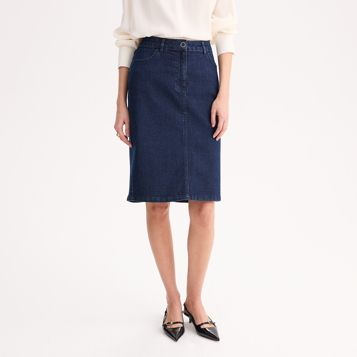 Jupe droite en denim stretch, mi-longue bleu brut, ANNE WEYBURN