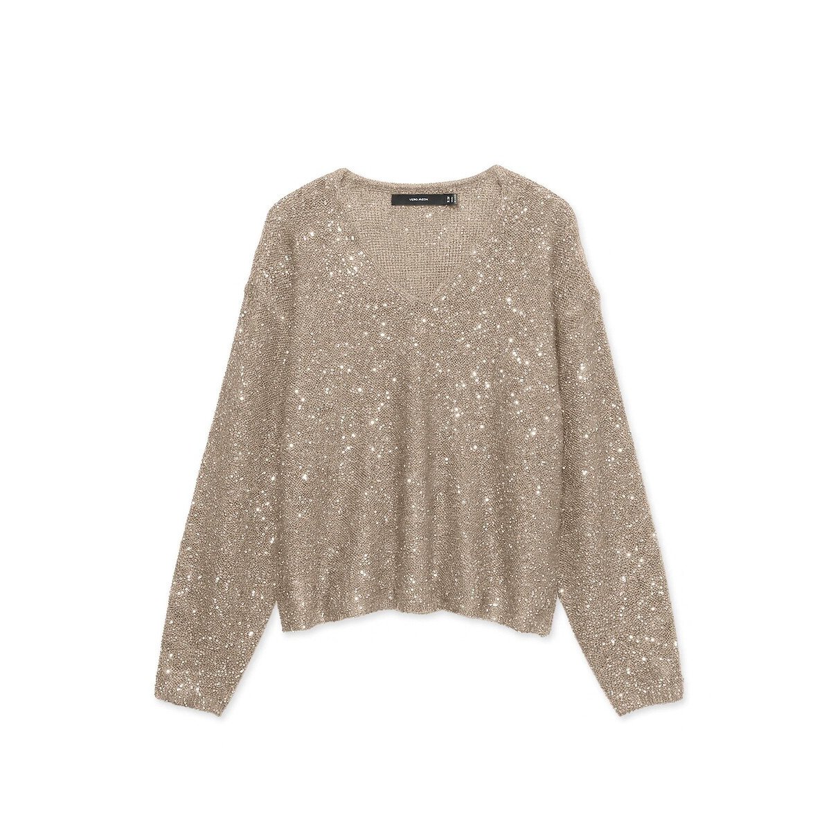 Pull scollo a V e paillettes beige, VERO MODA