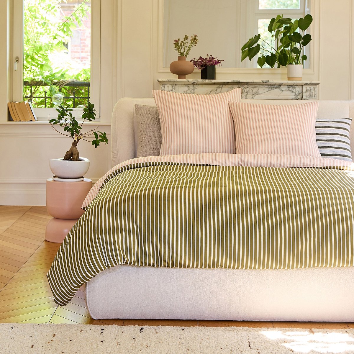 Parure de lit coton, satin BAUDOUIN rose poudré, vert, HABITAT