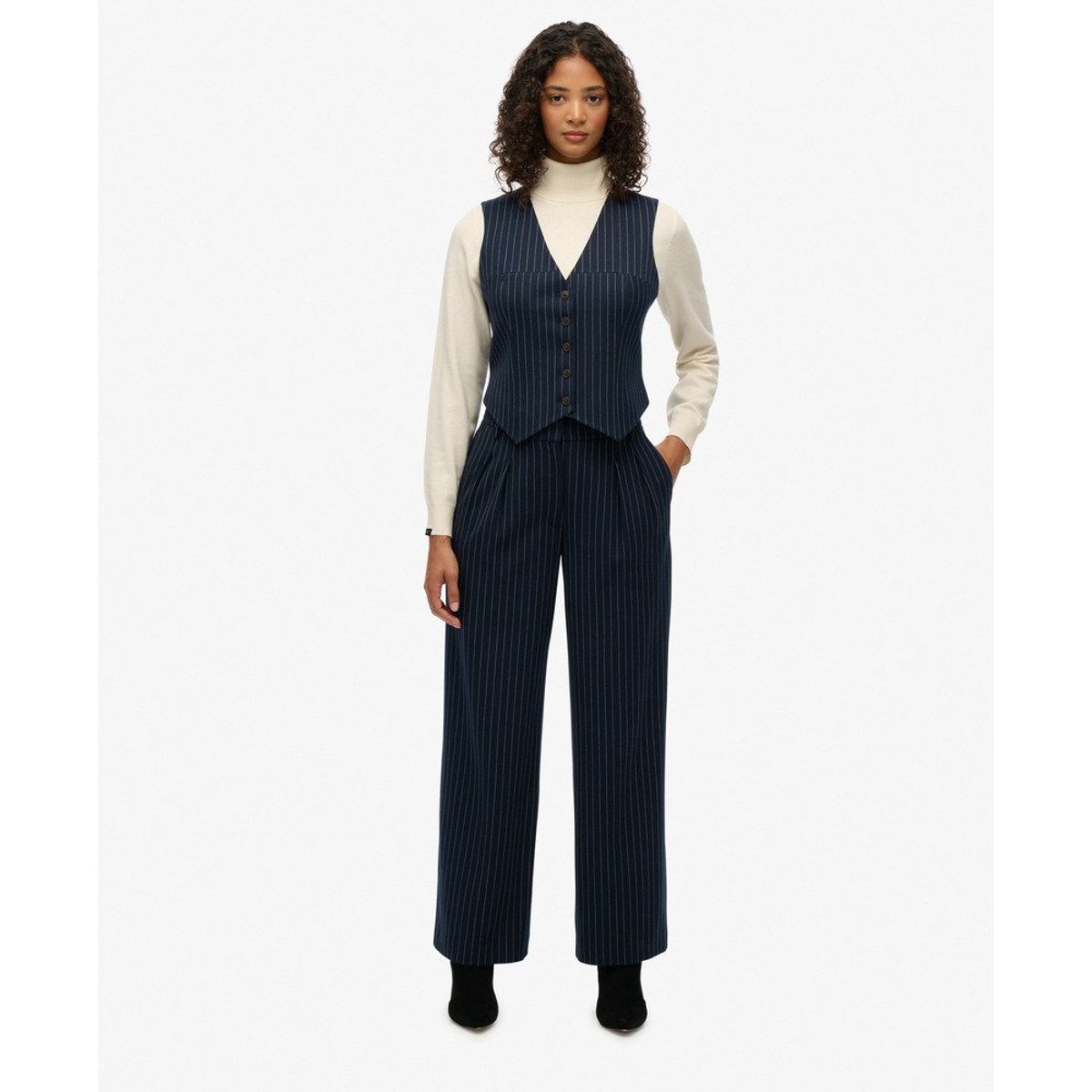 Pantalon Pinstripe Taille Haute Coupe Classique rayures tennis bleu marine, SUPERDRY