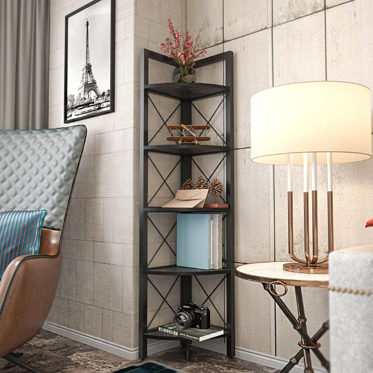 Etagère d'angle 5 tablettes noir H160 cm - Remo noir, CALICOSY