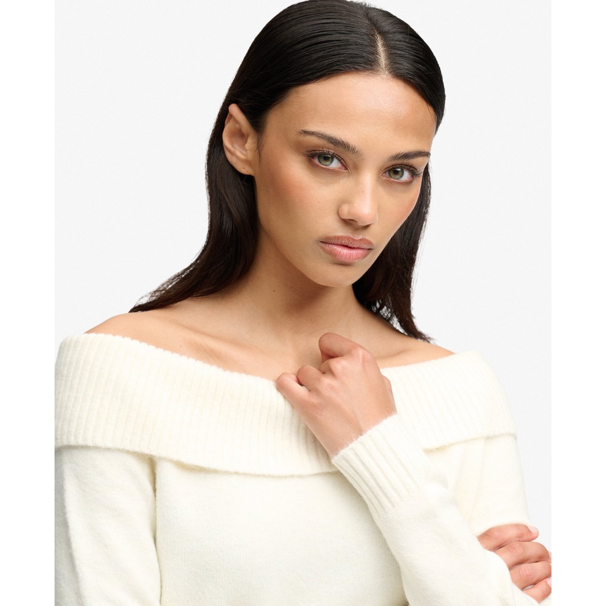 Pull Bardot Maille Coupe Ajustée blanc cassé os du désert, SUPERDRY
