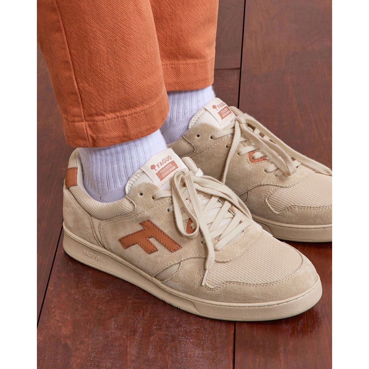 Baskets basses suede tissu PALMER beige et rouille, FAGUO