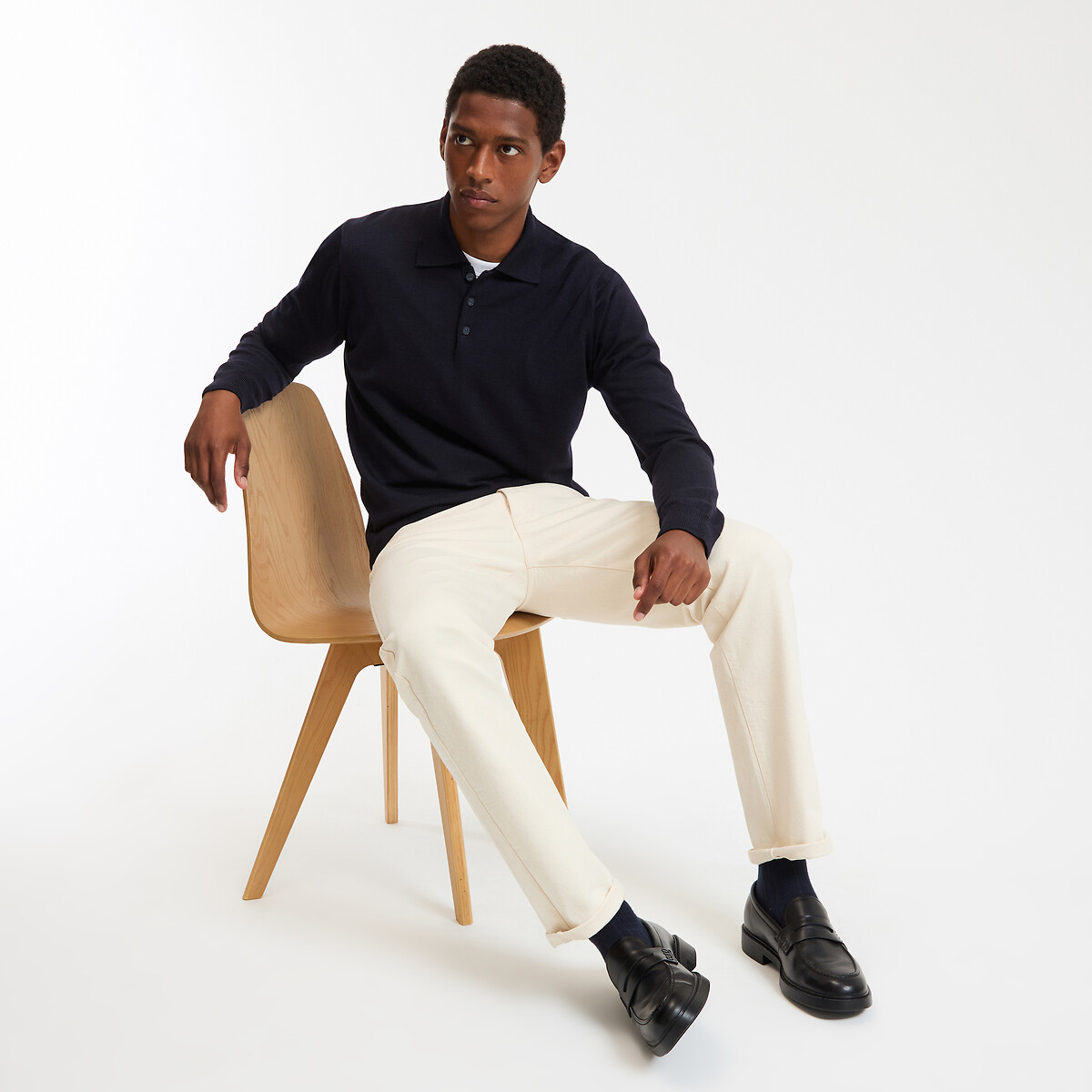 Pull col polo en laine mérinos, Signature bleu marine, LA REDOUTE COLLECTIONS