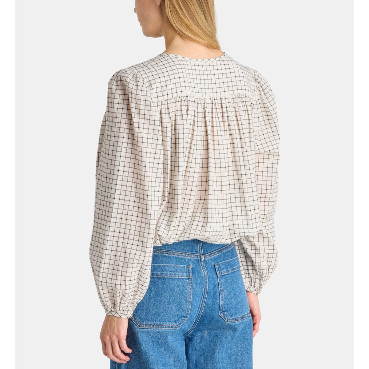 Chemise amande check en coton bio bleu et écru, GALERIES LAFAYETTE