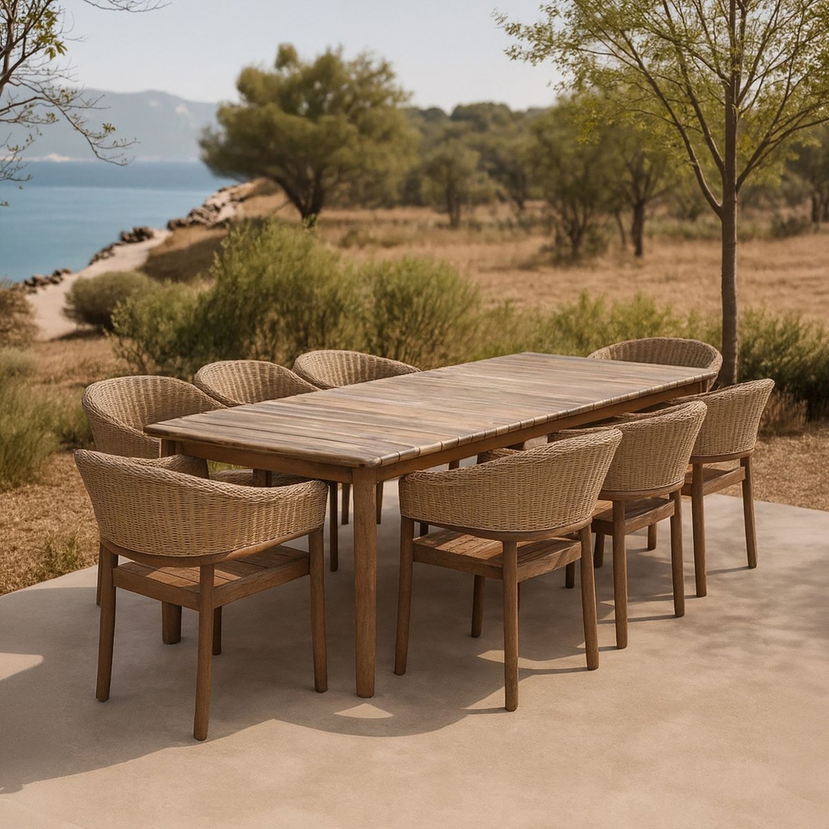Salon de jardin table 230cm et 8 fauteuils en acacia et résine tréssée, ALHAMBRA brun, NOW'S HOME