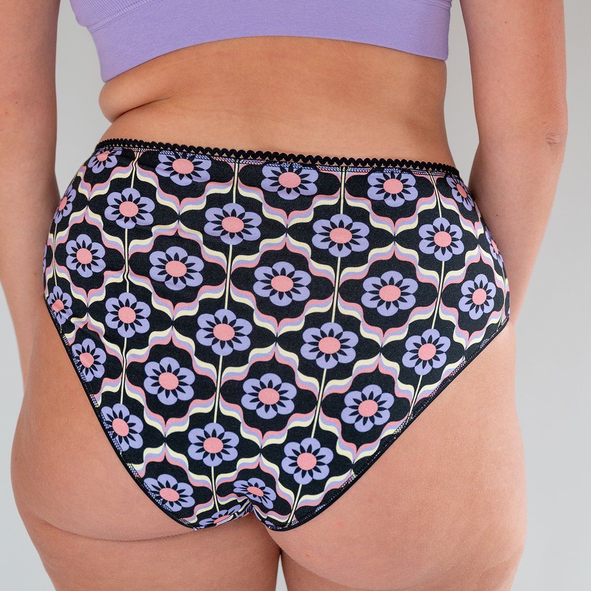 Culotte coton taille haute IMPRIMÉE Sheila Violet noir motif fleurs, WE ARE JOLIES