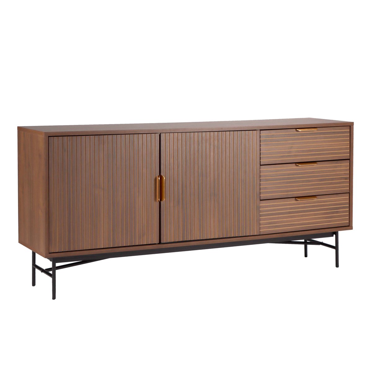 Buffet 2 portes et 3 tiroirs en mélaminé et acier 160 cm, GABIN marron, OVIALA