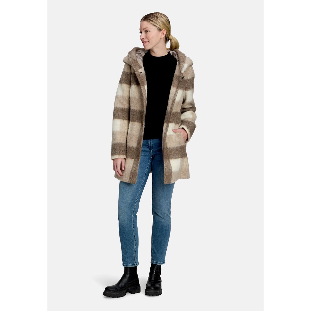 Manteau court à capuche blanc/taupe, AMBER & JUNE