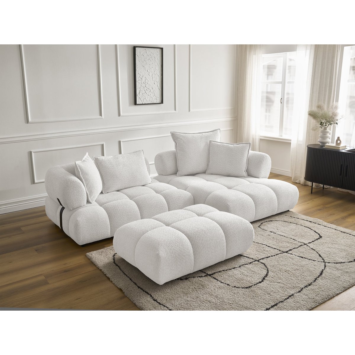 Canapé d'angle fixe 4 places en tissu bouclette avec pouf, ALYA blanc, BOBOCHIC