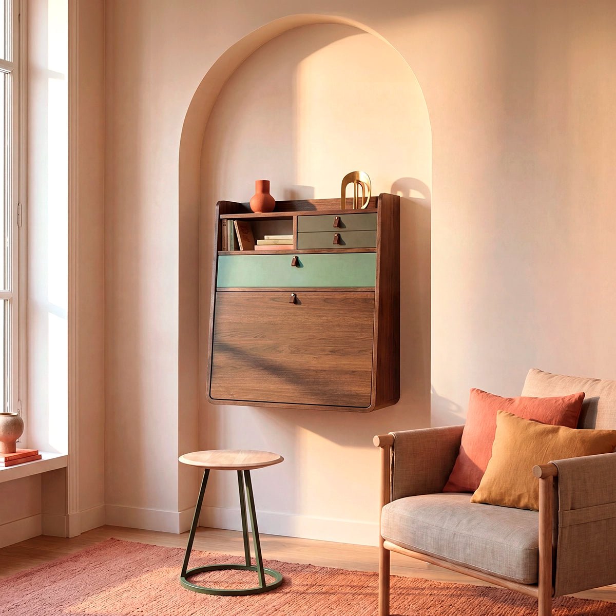 Bureau secrétaire mural en chêne teinté 60 cm, GASTON vert cendré, HARTO