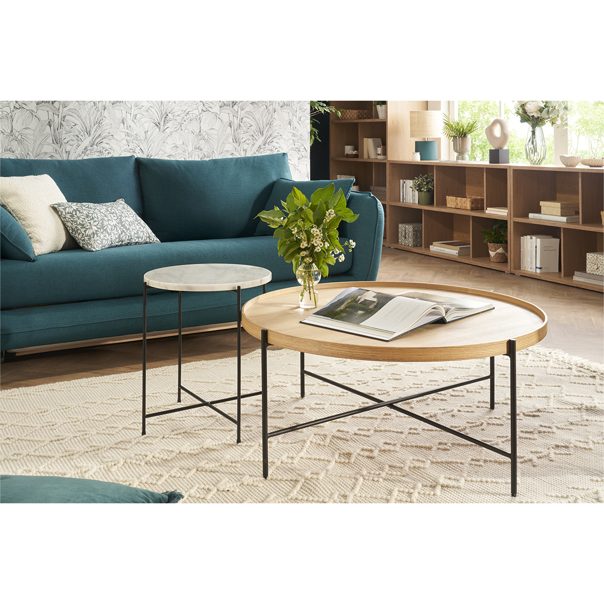 Table basse ronde bois clair et métal noir D90 cm BASSY frêne, MILIBOO