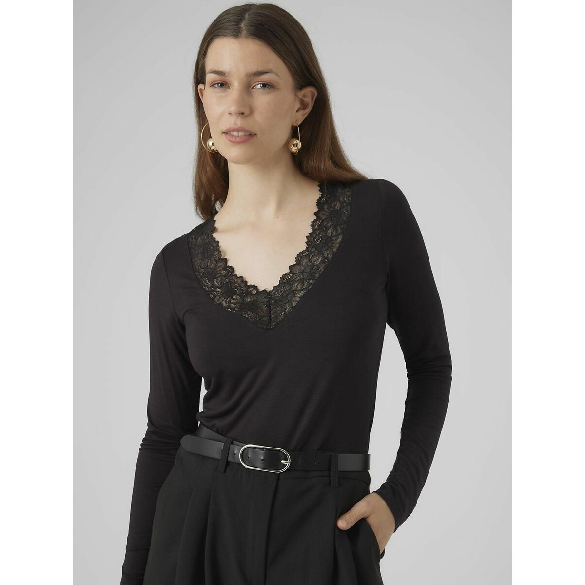 Long Sleeve T-Shirt with Lace-Trimmed V-Neck black, VERO MODA