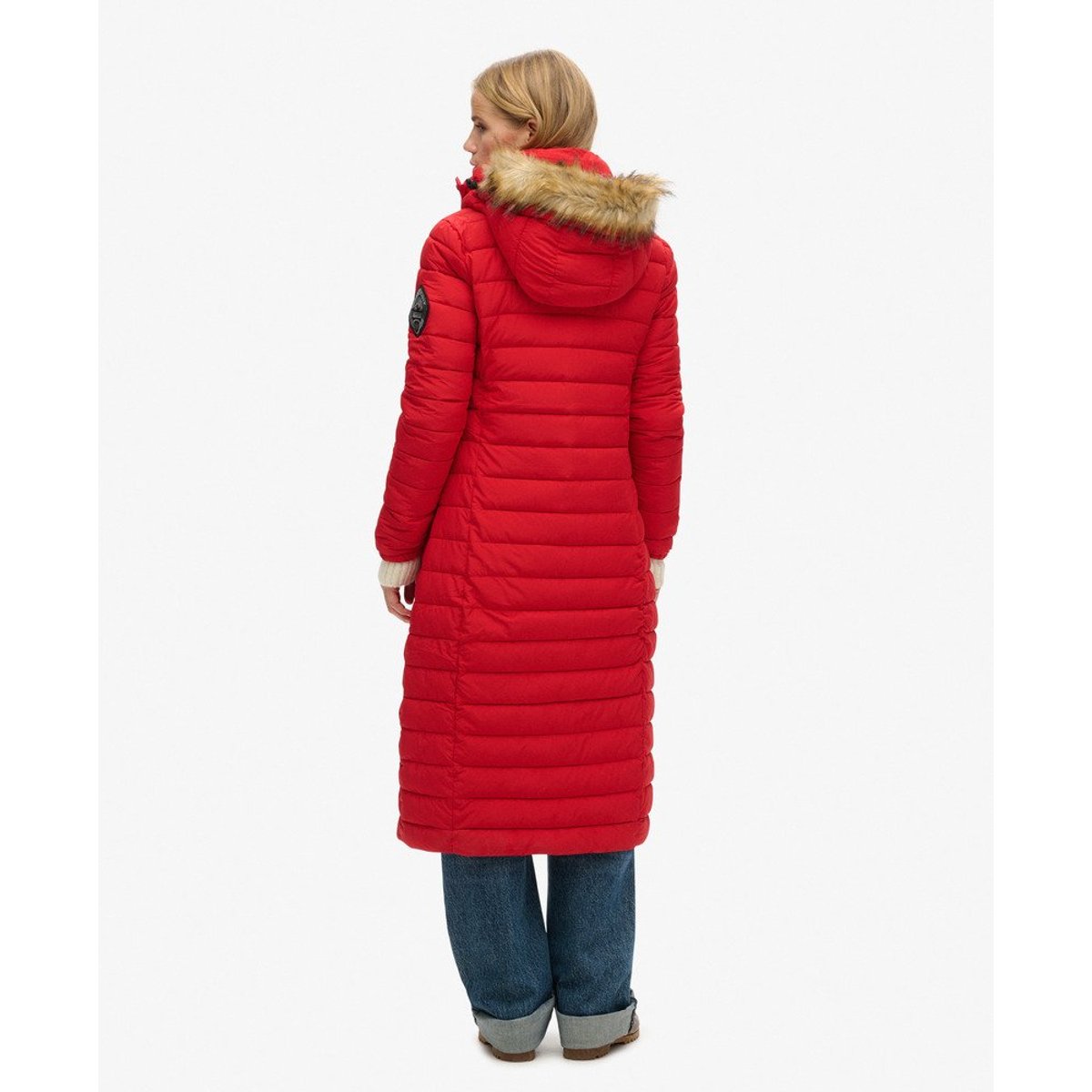 Doudoune longue à capuche Fuji rouge universitaire, SUPERDRY
