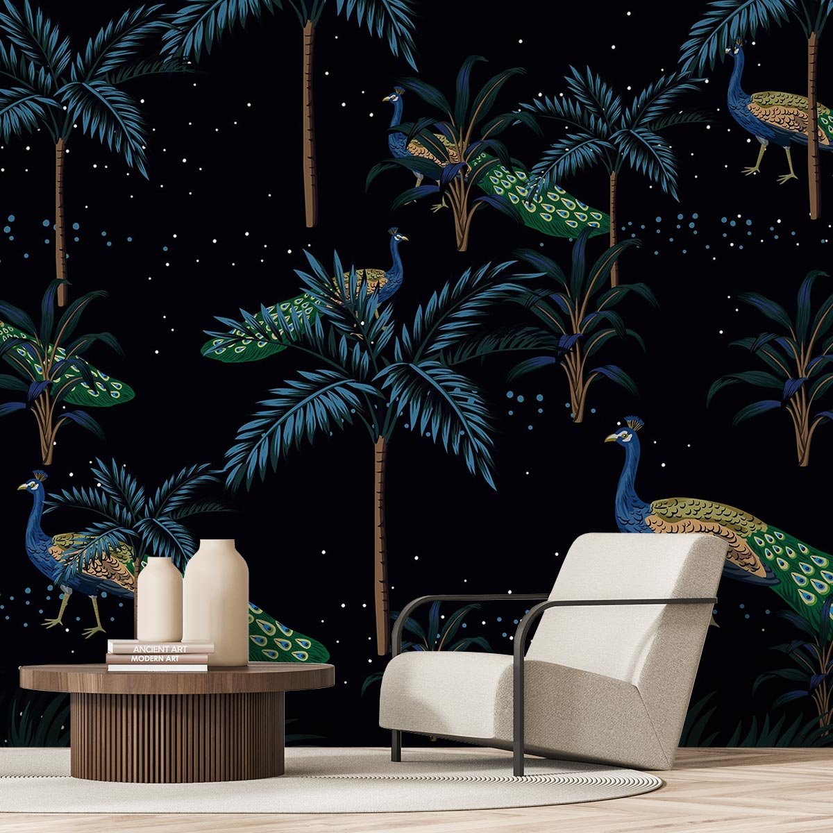 Papier peint panoramique feuilles art deco bleu paon intissé, HEXOA