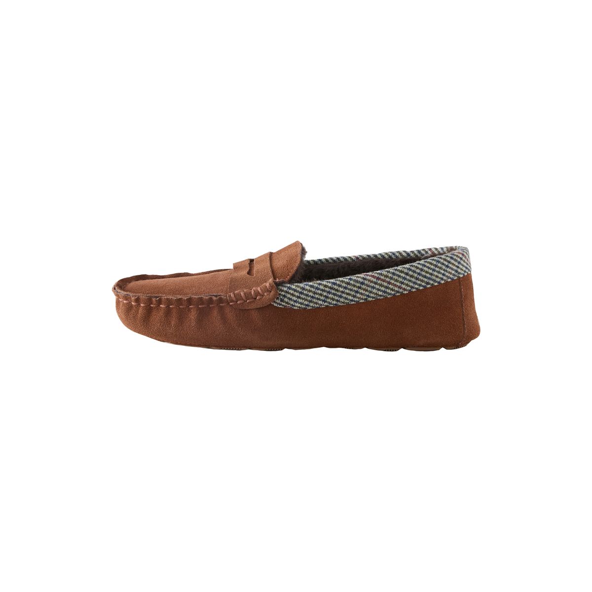 Chaussons mocassins en daim à liseré tissu Signature marron fauve, NEXT