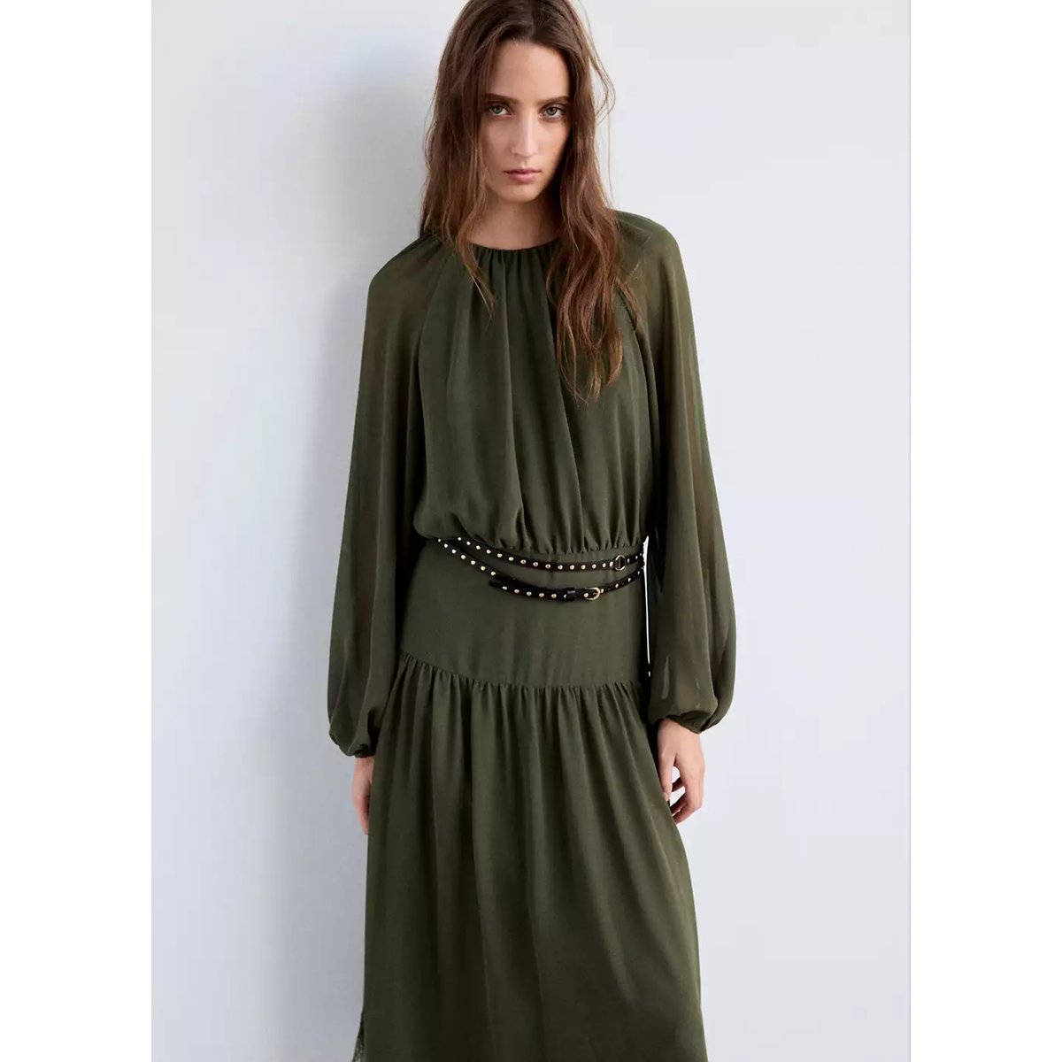 Robe à double ceinture en dentelle moutarde, MANGO