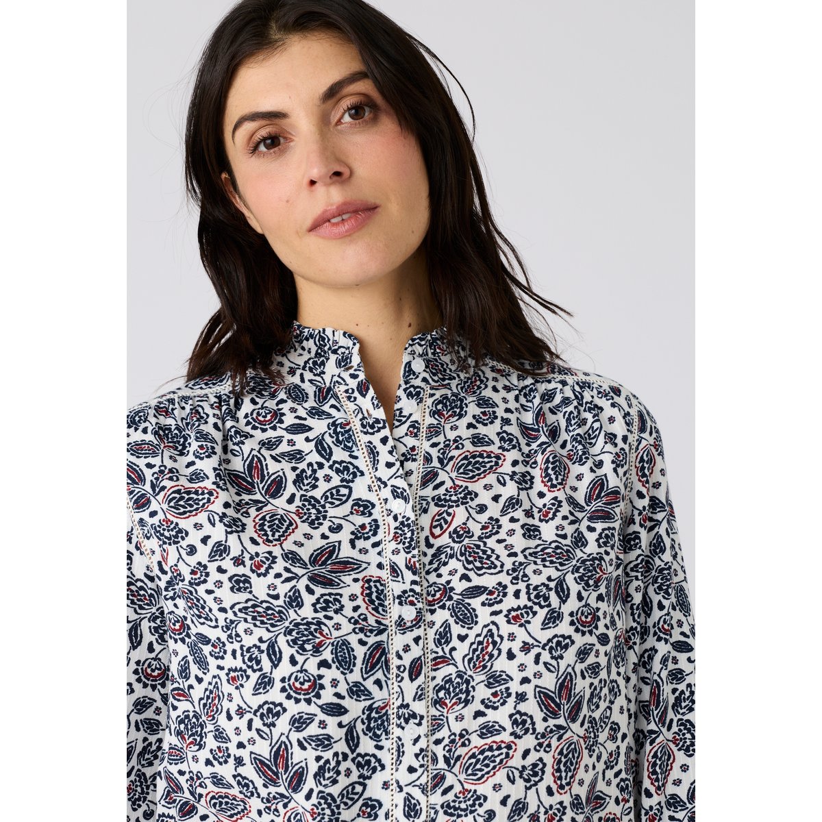 Chemisier pure viscose col volanté blanc ecru fleuri, DAMART