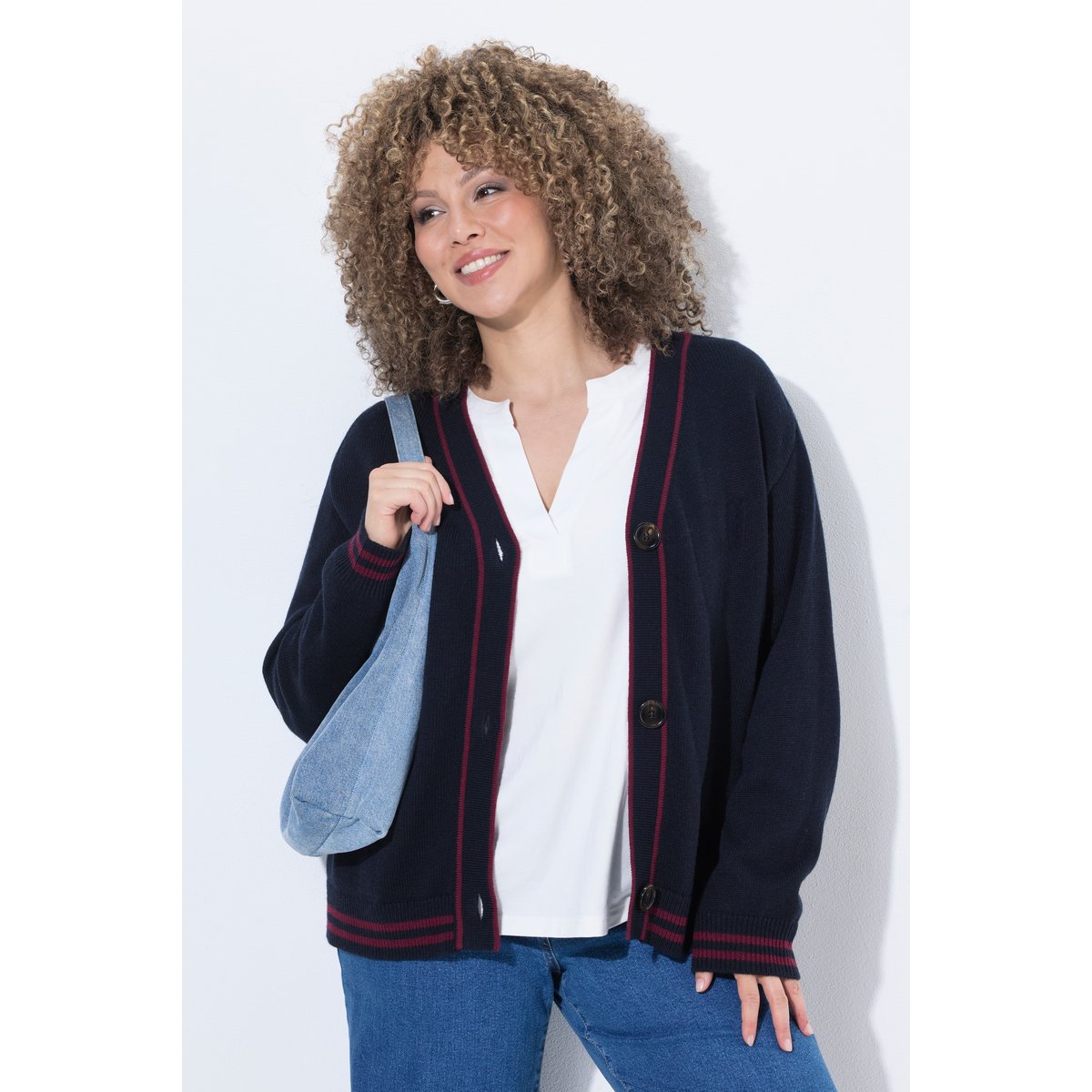 Cardigan en laine mélangée, rayures marine, ULLA POPKEN