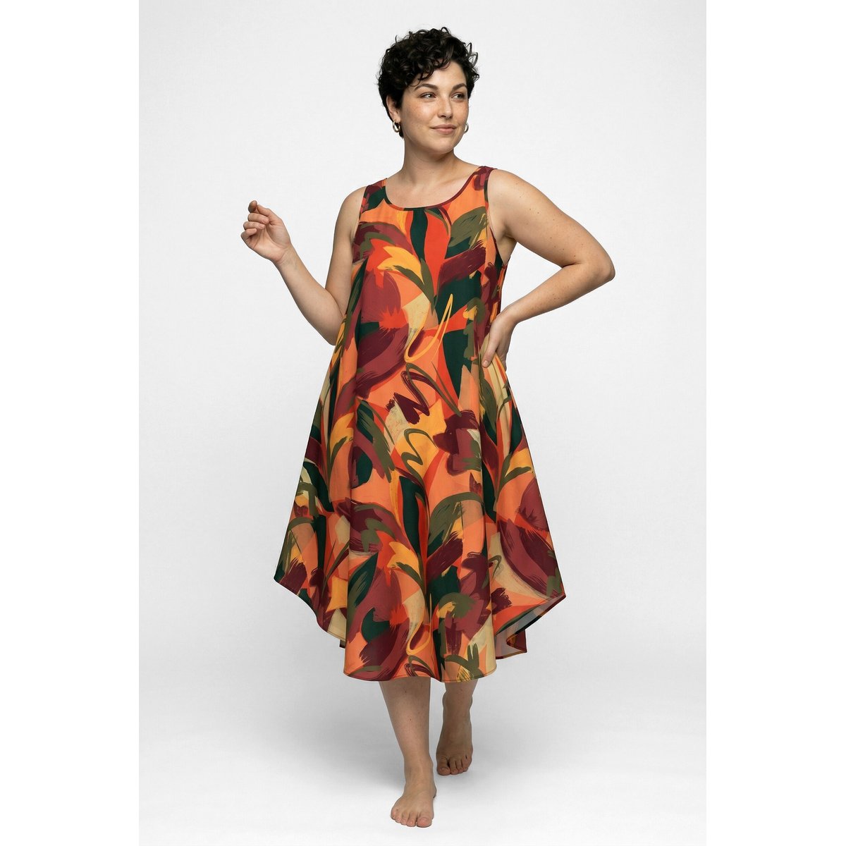 Robe midi sans manches, motif feuilles poivron, ULLA POPKEN