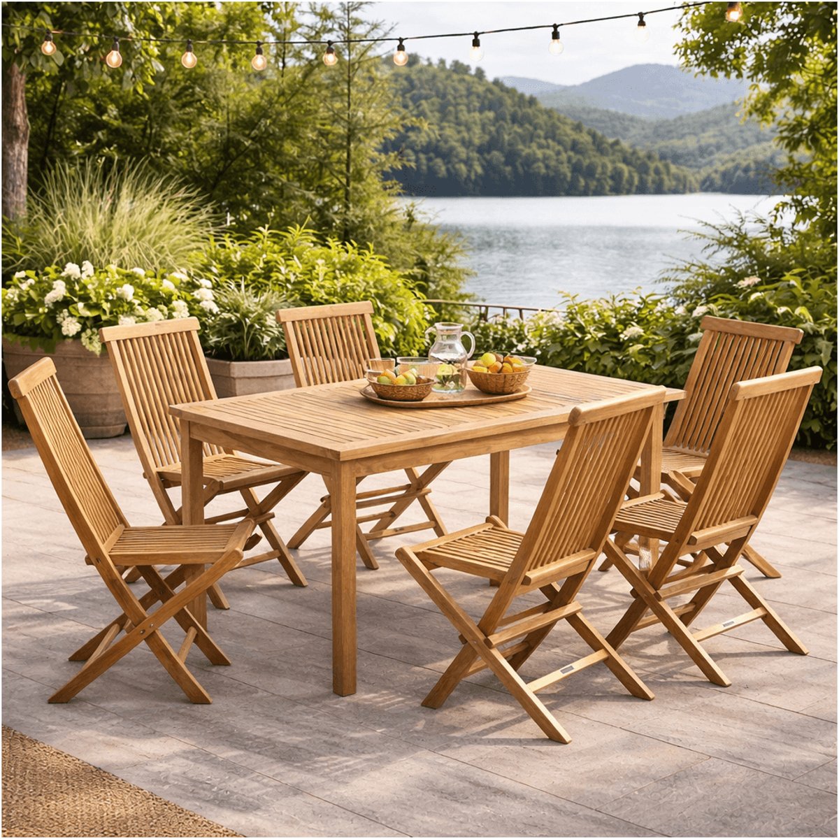 Ensemble table de jardin en teck Frida 150 et 6 chaises Audrey naturel, WANDA COLLECTION