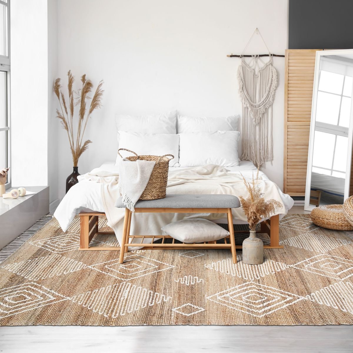 Tapis de salon en chanvre avec motifs losanges en laine épaisse PRIMI LOSANGES beige, THE DECO FACTORY