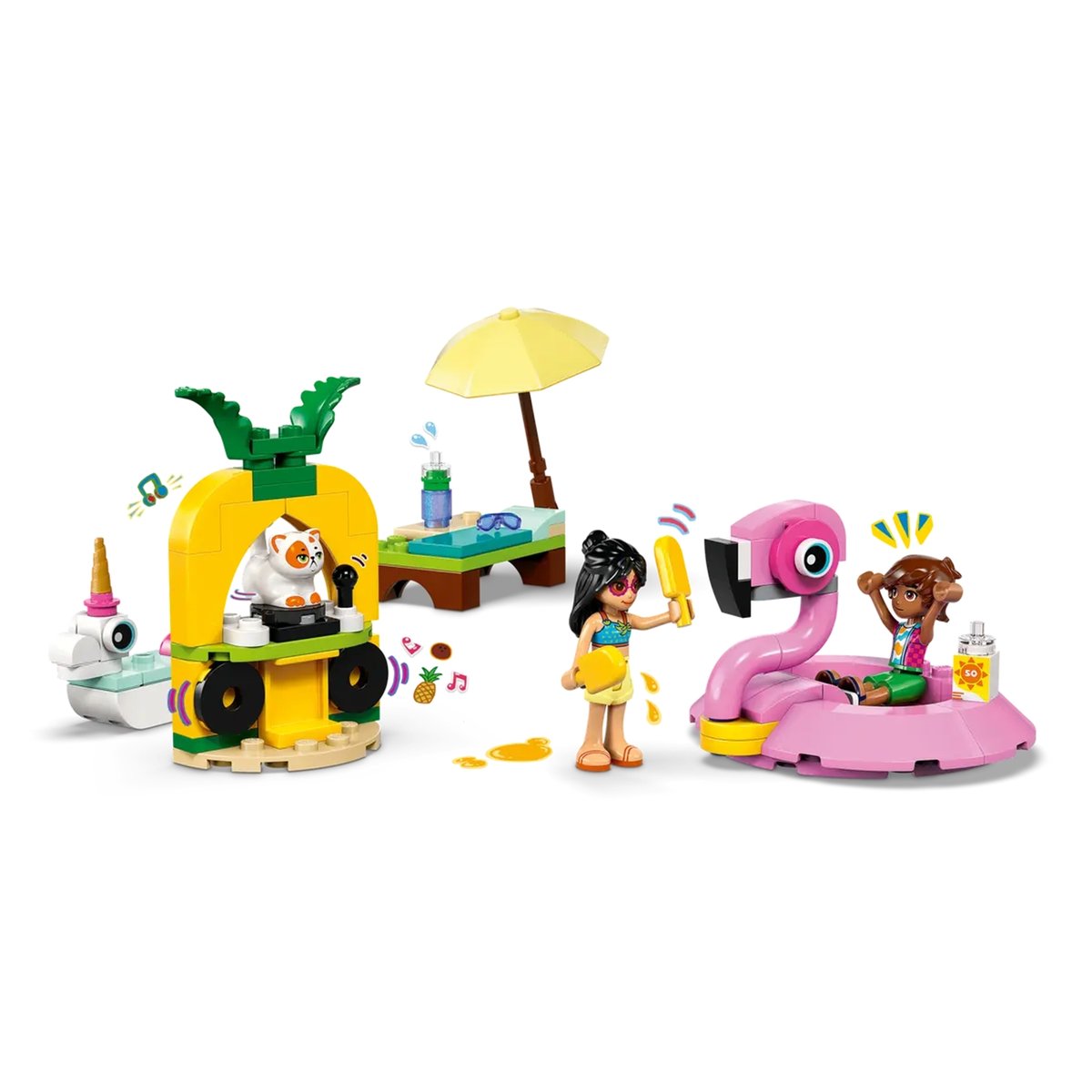 Fête dans la piscine avec les bouées licorne et flamant rose multicolore, LEGO