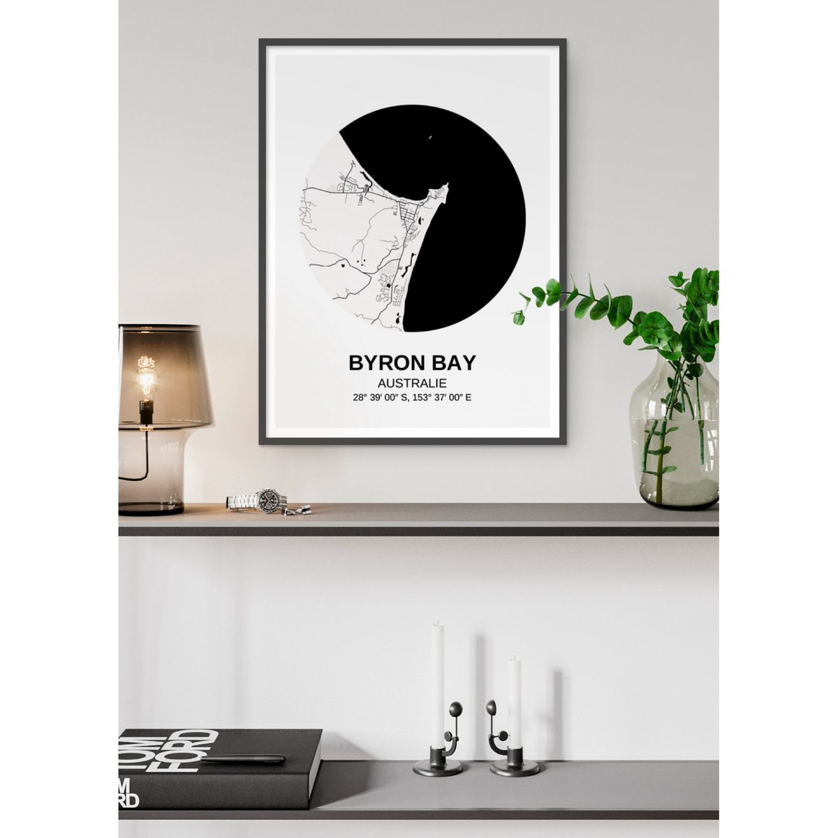 Affiche Carte Byron Bay blanc, L'AFFICHERIE