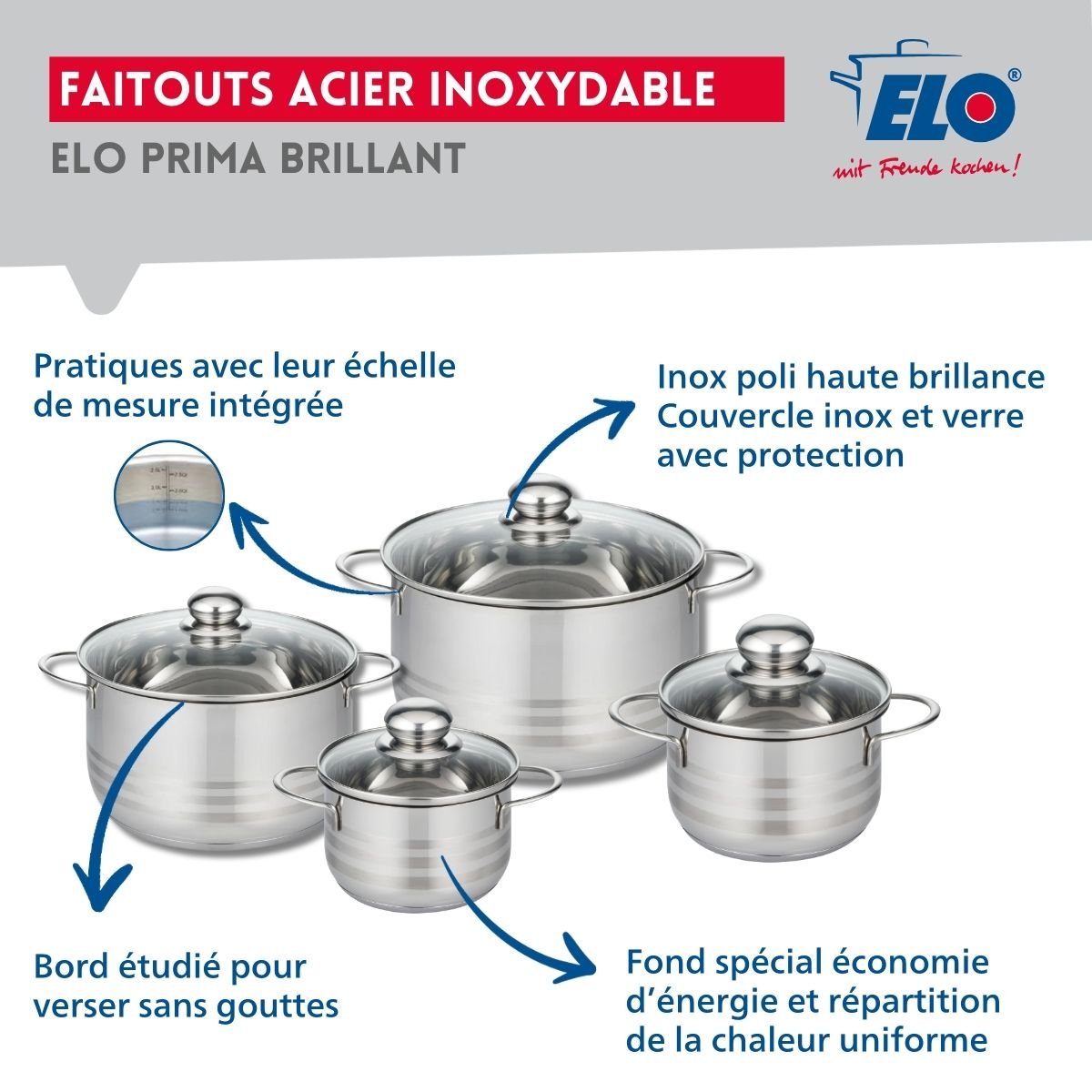 Batterie 1 poêle 24cm + 4 faitouts 14/16/20/24cm PRIMA BRILLANT noir, ELO