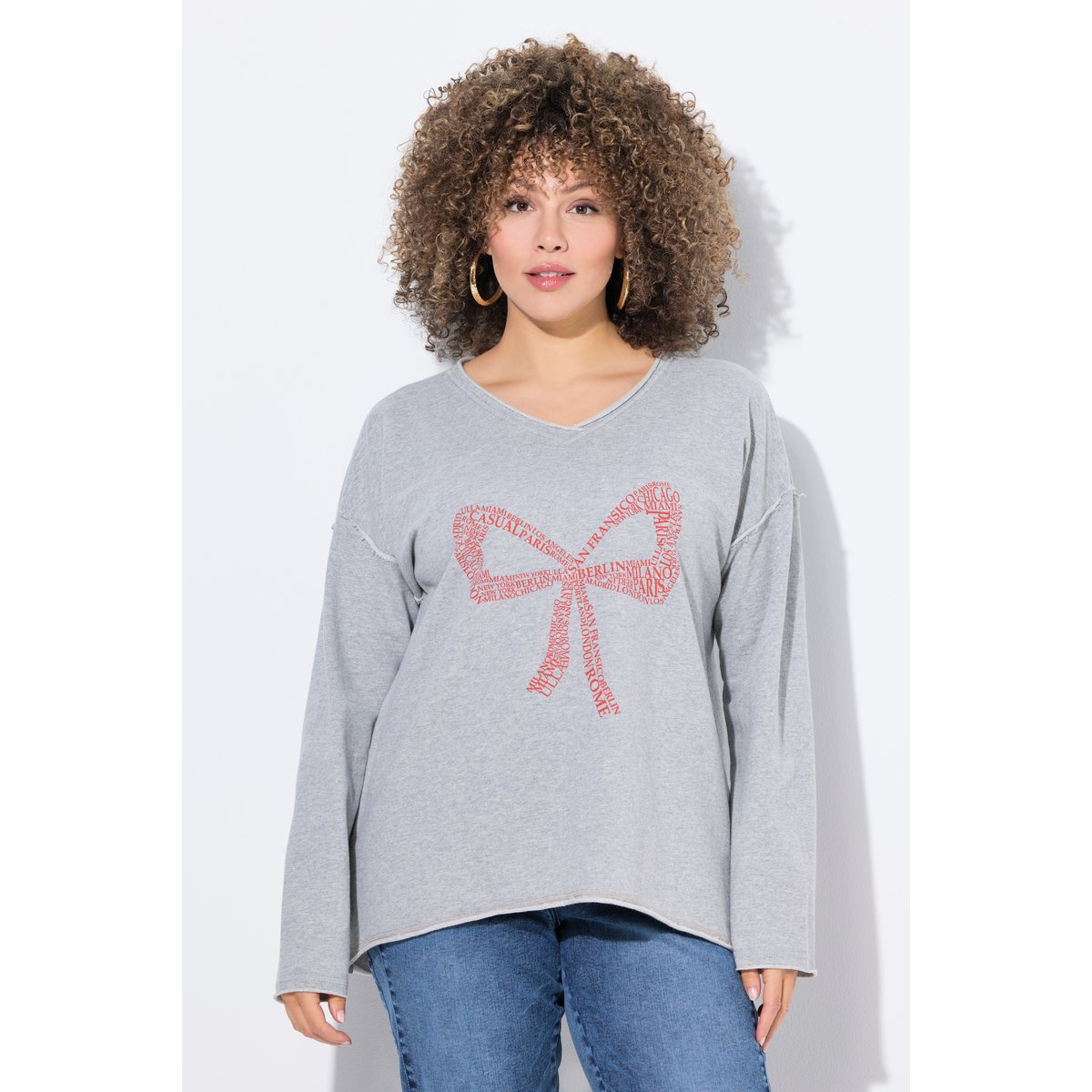 Sweat-shirt oversize, motif grand nœud gris clair chiné, ULLA POPKEN