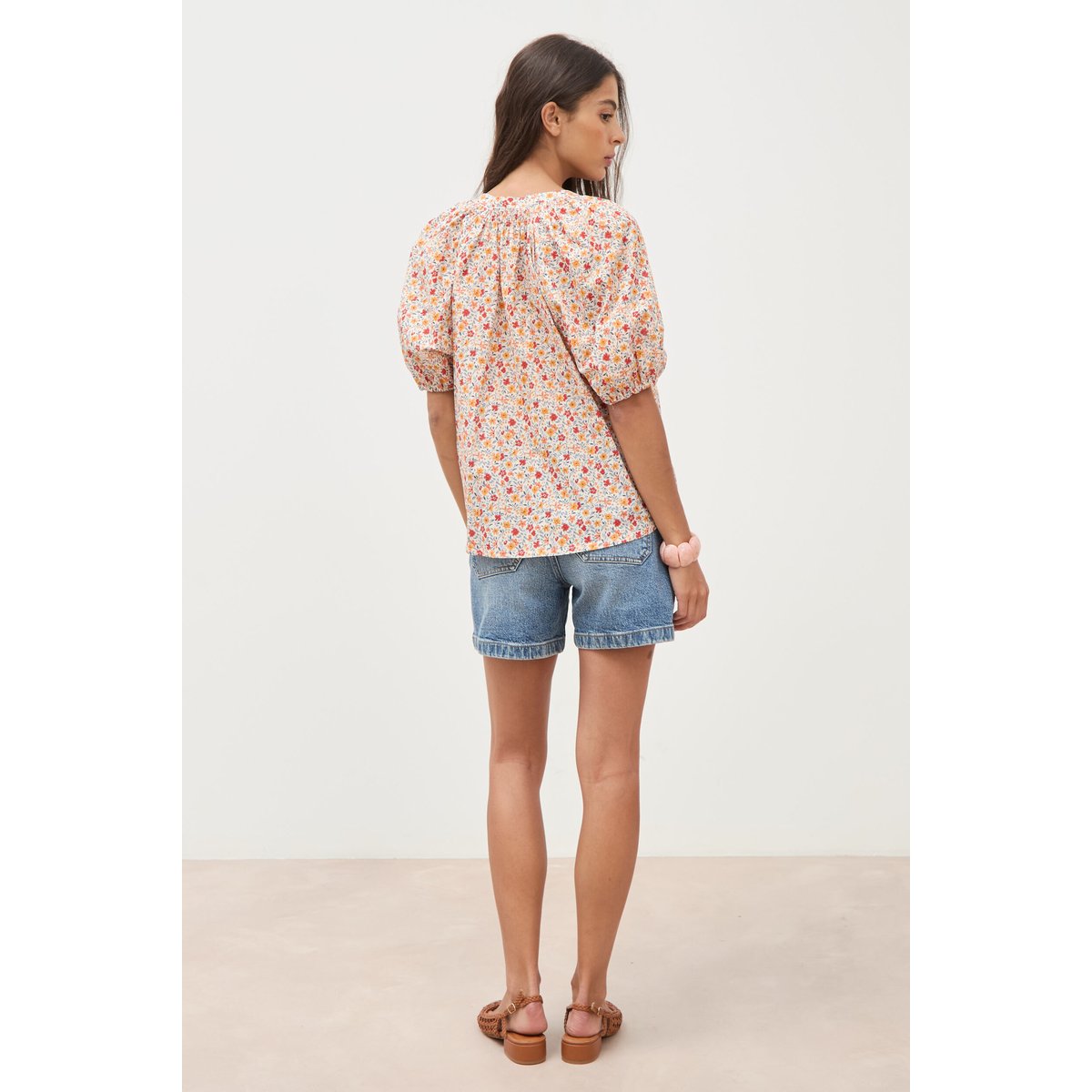 Blouse droite en coton manches courtes orange foncé, BONOBO