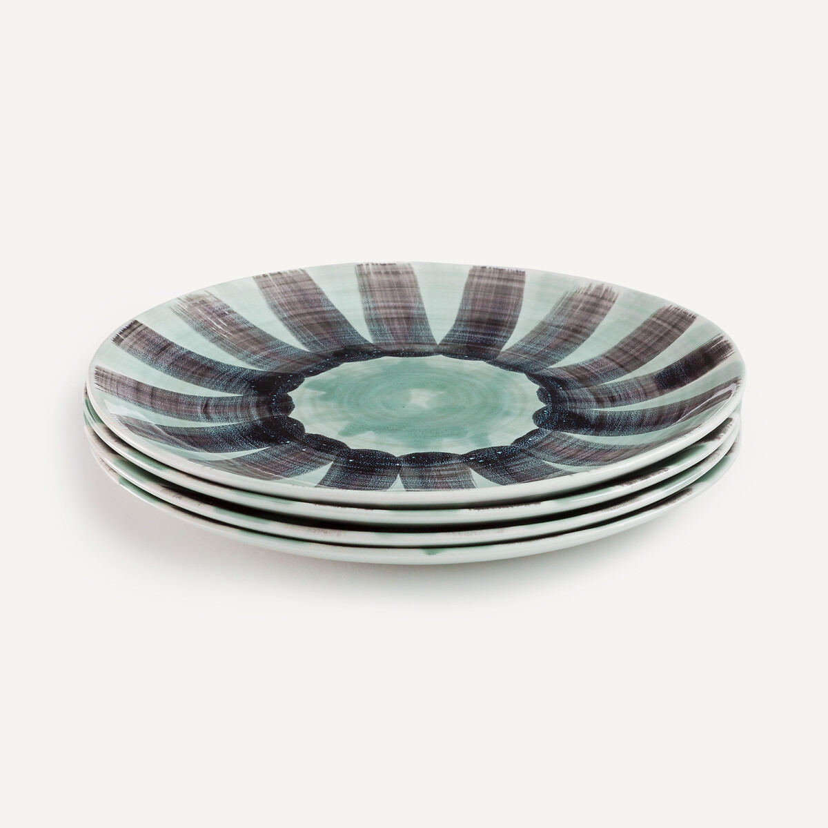 Lot de 4 assiettes plates en grès rayé, VIANA vert de gris/noir, AM.PM