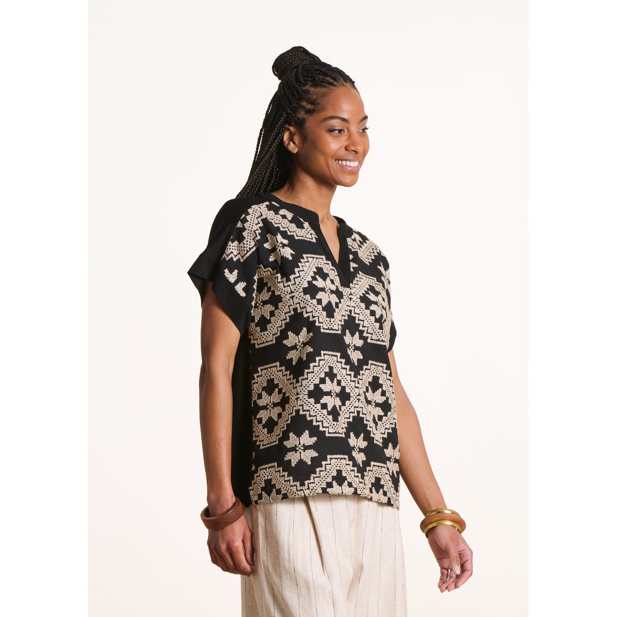 T-shirt oversize col tunisien noir/ecru, LA FEE MARABOUTEE