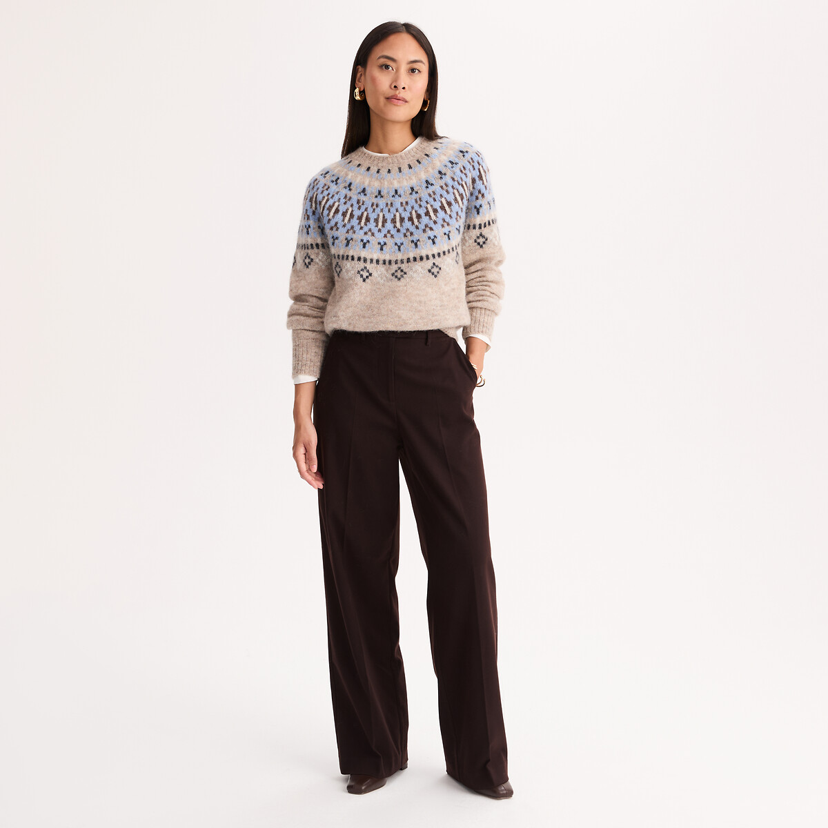 Pantalon large, effet flanelle, taille haute marron, ANNE WEYBURN