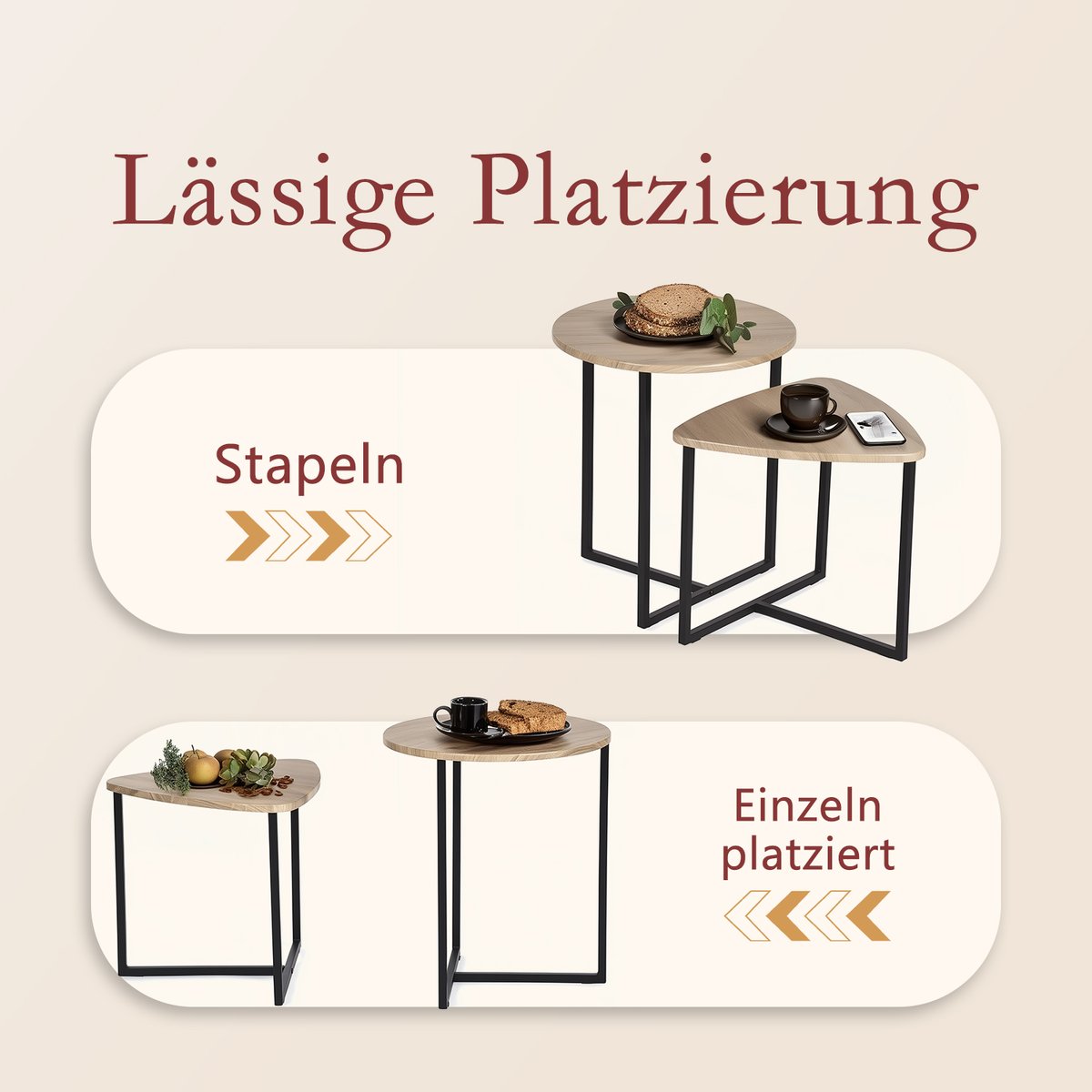 Lot de 2 tables basses gigognes Imitation bois style industriel, LAYA imitation chêne, MEUBLES COSY