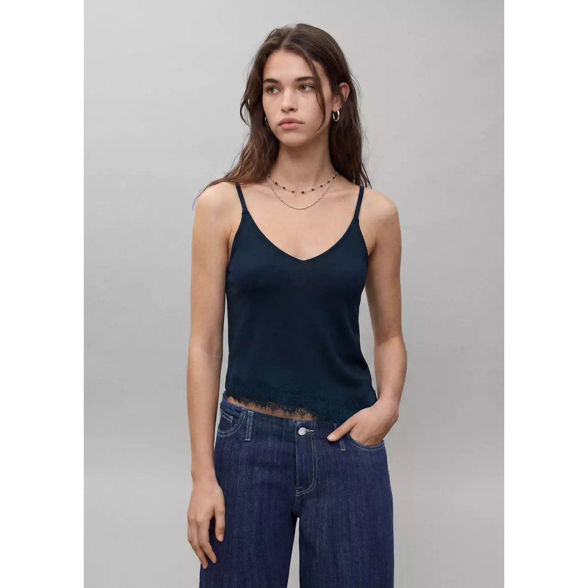 Top en maille bretelles en dentelle bleu marine, MANGO TEEN