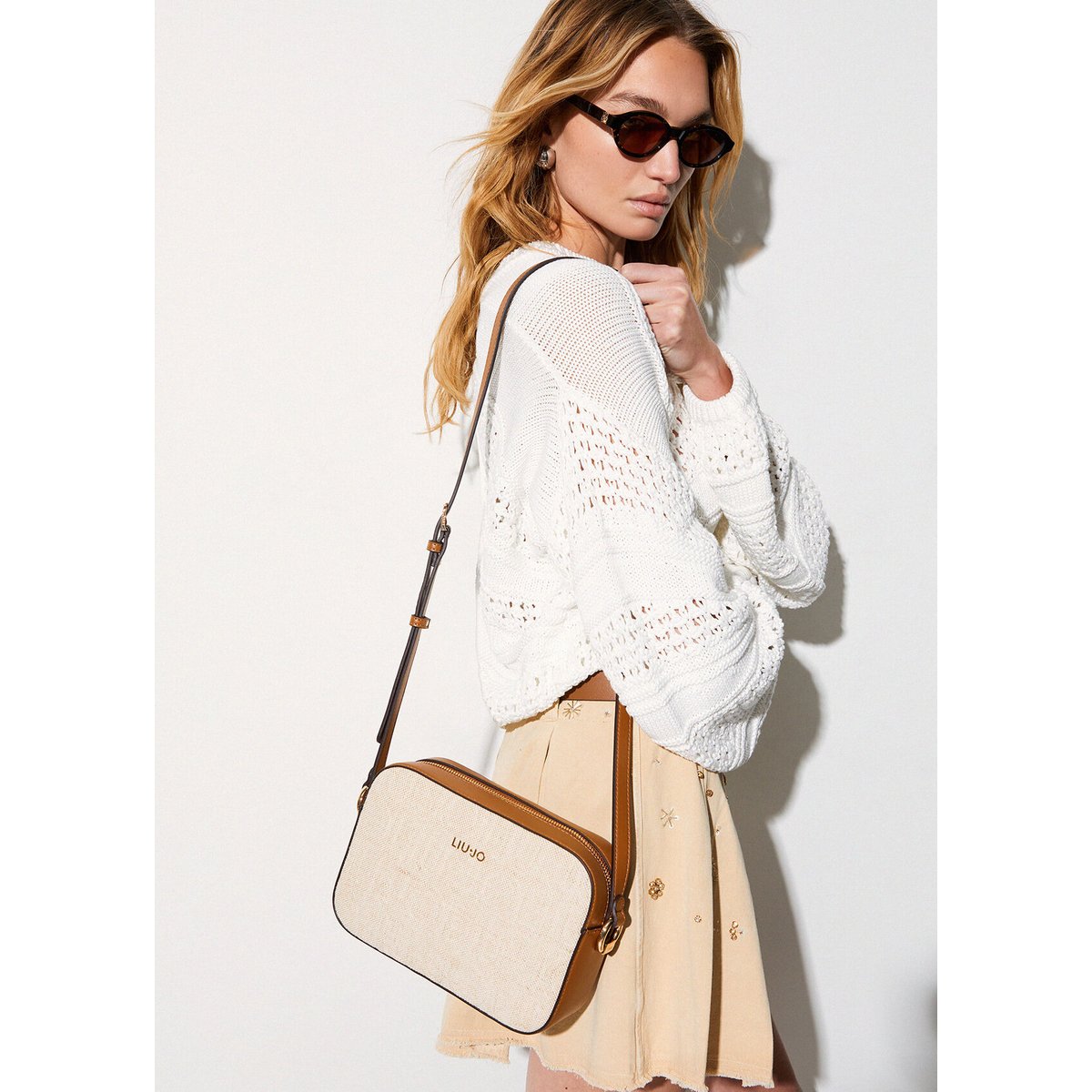 Sac à bandoulière moyen modèle en jute beige, LIU JO