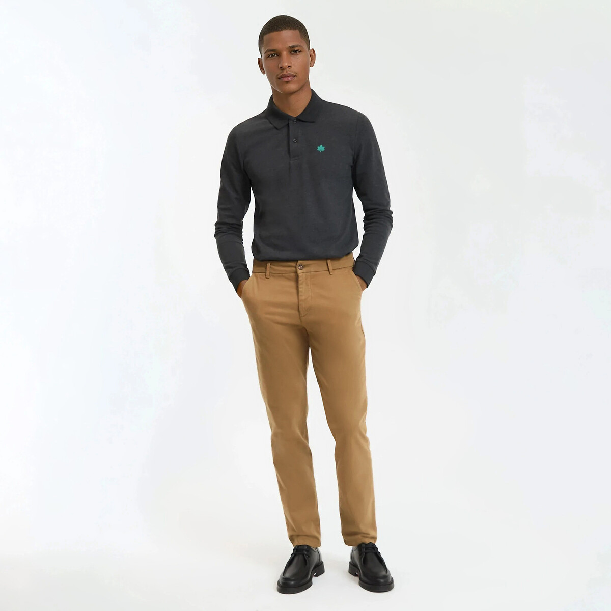Polo manches longues, brodé en pur coton gris anthracite chiné, LA REDOUTE COLLECTIONS