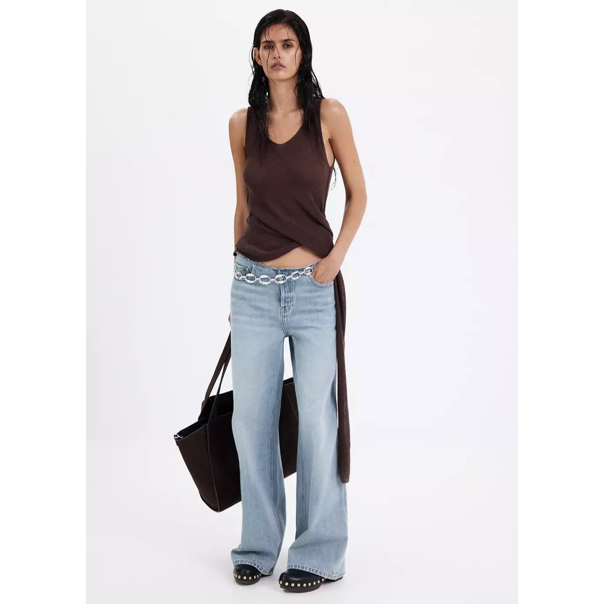 Jean wide leg à taille effilochée bleu moyen, MANGO