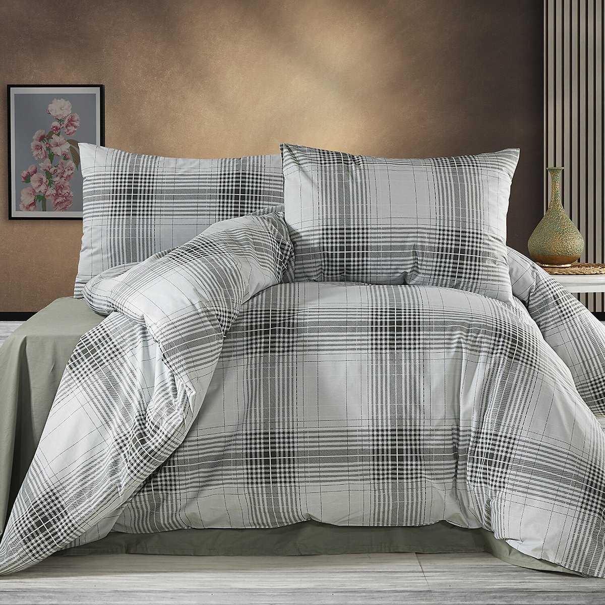 Paure de couette et tai(e) coton imprimé, nimakaki vert kaki, C DESIGN HOME TEXTILE