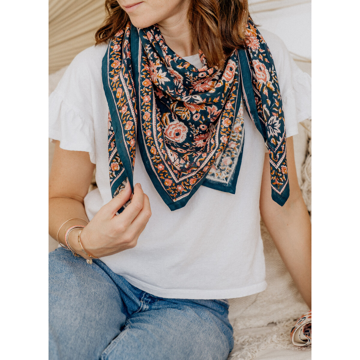 Grand foulard coton imprimé GOA LAGON imprimé bleu marine, BINDI ATELIER