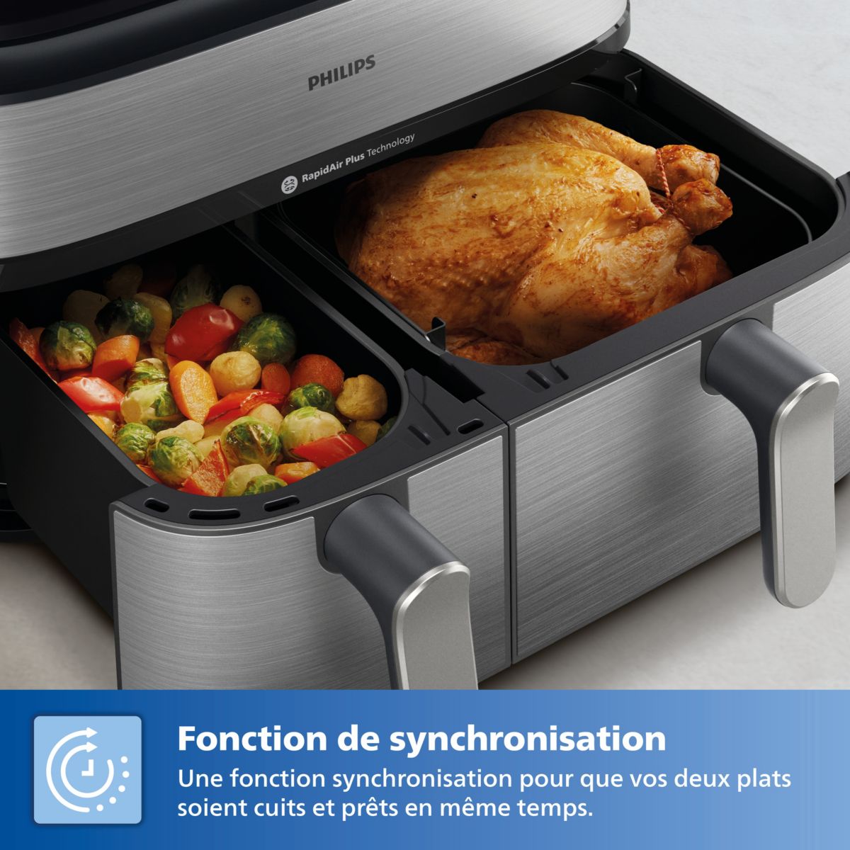 Airfryer NA555/00 friteuse sans huile double panier + vapeur Métal, Série 5000 9L (3+6L) couleur unique, PHILIPS